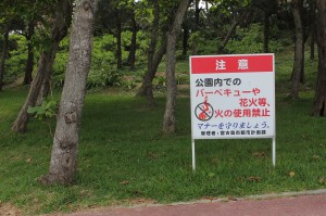 公園内でのバーベキューや花火などの禁止を呼び掛ける看板＝パイナガマビーチ