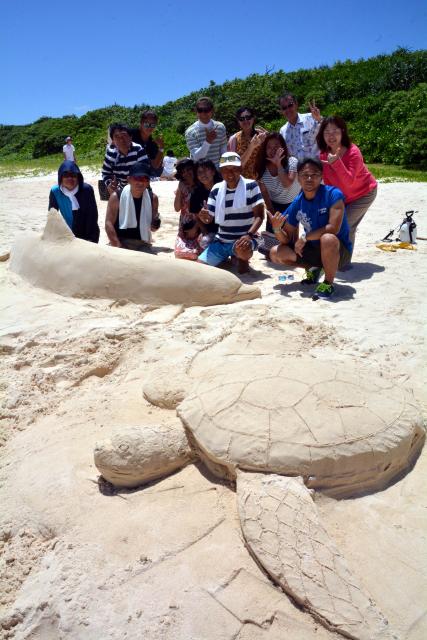 砂浜にイルカやカメ／渡口の浜でサンドアート – 宮古毎日新聞社