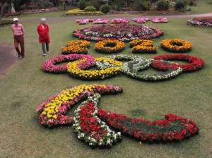 「２０２０ＴＯＫＹＯ」をイメージした花文字（上）とベゴニア２０００本で花をかたどった（下）＝25日、市熱帯植物園