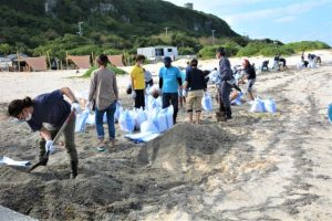 参加者が大量の軽石を取り除いた＝９日、来間漁港に隣接するビーチ