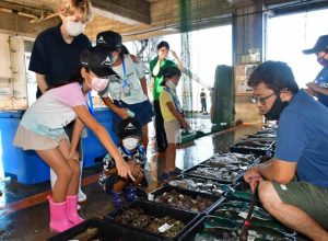 魚について質問する子供たち＝24日、宮古島漁協