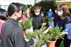 保護者や地域住民が訪れ目当ての菊を購入していた＝20日、鏡原中学校