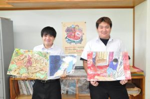 受賞の喜びを報告する久貝さん（左）と黒澤さん＝９日、宮古特別支援学校
