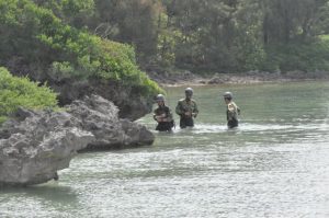 腰辺りまで海水に漬かりながら沿岸部を捜索する自衛隊員たち=12日、佐和田漁港近く