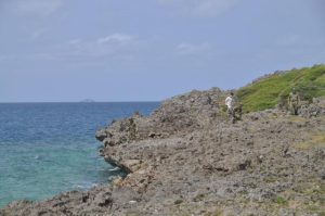 海岸沿いを徒歩で捜索する自衛隊員たち=11日、西平安名崎