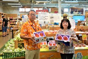 加温マンゴーを出荷した宮國さん(右)と島の駅みやこの米田隆己さん=20日、島の駅みやこ