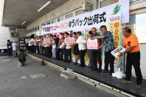 一列になって宮古島産のマンゴーとパインを手渡し、車両に積み込んでいく出荷式参加者=8日、宮古郵便局