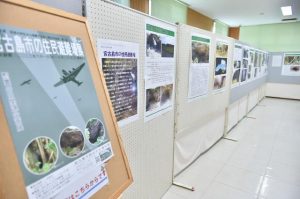 戦争遺跡調査で確認された壕についてパネルで紹介している＝9日、歴史文化資料館