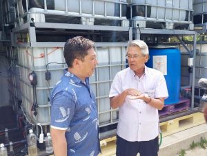 微生物を使った汚水浄化実験施設を視察する座喜味市長（右）＝７日、熱帯果樹園「まいぱり」