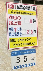 前日の路上寝と今年の累計数を知らせる表示板＝29日、宮古島署玄関前