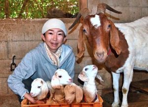 石川さんと箱に収まる四つ子と母チョコ＝24日、下地川満のツンフグ牧場