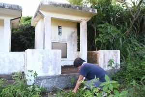 お墓周りの雑草を除去する市民＝29日、伊良部池間添