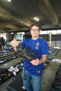 生きのいいイセエビを競り落とした長浜さん＝１日、宮古島漁協