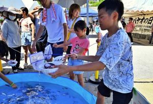 さかなすくいで器いっぱいに捕獲＝20日、伊良部漁協