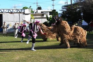 獅子舞を奉納した豊年祭＝28日、友利公民館