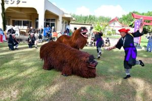 勇壮な獅子舞が奉納され豊年満作を盛大に祝った＝6日、城辺の上区公民館