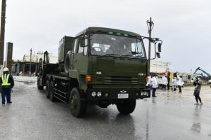 訓練のため搬入されたＰＡＣ３関連車両＝21日正午ごろ、平良港下崎埠頭（ふとう）